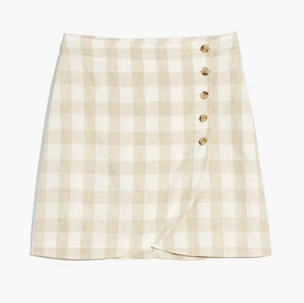 Madewell Linen Blend Tulip Hem Gingham Mini Skirt Tan White Size 0
